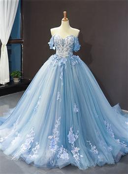 Picture of Blue Sweetheart Off Shoulder with Lace Applique Party Dresses, Blue Sweet 16 Dresses